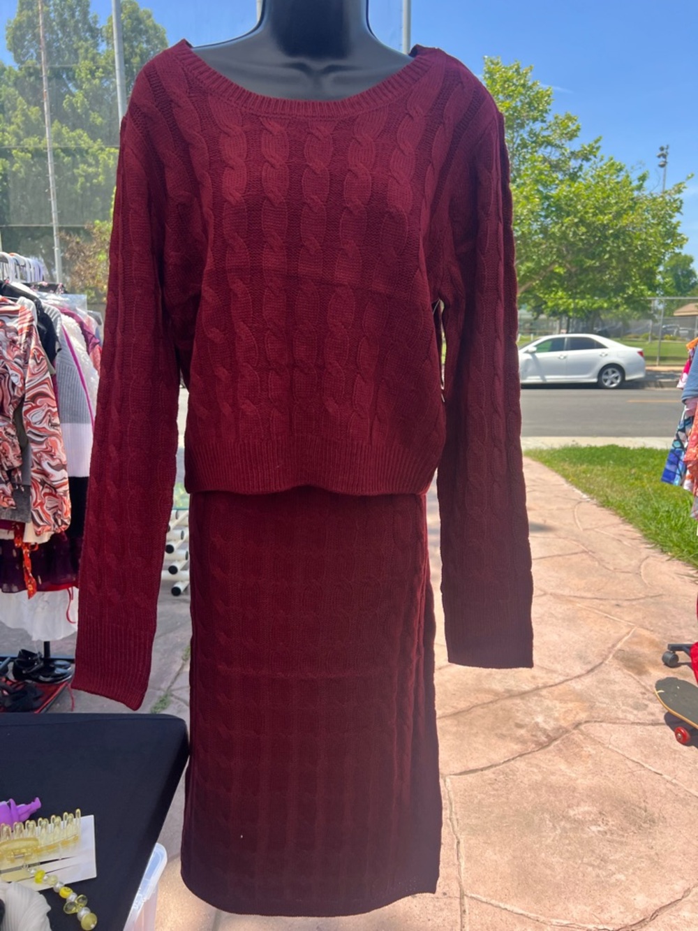 Almost Famous Burgundy Cable-Knit Midi Skirt Set